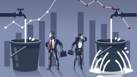 Businessman Happy to See His Water Bucket is Full While Business